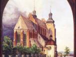 (3/48): Katedra we Włocławku<br>Georg Ferdinand Gregorovius, 1842 r.<br>Widok od wsch. z ulicy Tumskiej. Na pierwszym planie, po lewej ogrodzenie Kolegium. W tle zabudowania na Zazamczu. Całość ujęta arkdową, ostołukową bordiurą.