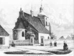 (20/48): Kościół farny w Włocławku<br>rys. Adolf Kozarski, ryt. edward Gorazdowski, 1863 r.<br>Widok kościoła farnego p.w.św. Jana od wsch. Widoczne pierwotne ogrodzenie i bramka od strony bulwarów. Zabudowania, na pierwszym planie i w tle z prawej - nie istniejące.