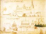 (1/22): Vladislaviensis de Stadt et Castel<br>Abraham Boot lata 1627-1628 r.<br>Panorama od strony Zazamcza ożywiona sztafażem . U góry zamek w Bobrownikach. Obydwa widoki wykonane z natury przez Abrahama Boota, sekretarza poselstwa holenderskiego, które w l. 1627-1628 r. prowadziło mediację między Rzeczypospolitą a Szwecją zakończoną rozejmem w Starej Wsi.