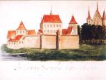 (2/22): Arx Civitatis Episcopalis Vladislaviensis<br>Abraham Boot lata 1627-1628 r.<br>Wersja panoramy od strony Zazamcza. Z lewej zamek biskupów z obwarowaniami, z prawej za drzewami zachodnia fasada katedry.