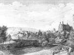 (5/22): Widok Włocławka z katedrą i zamkiem<br>Alfons Matuszkiewicz ok. 1853 r.<br>Widok od pd.-wsch. przez dolinę Zgłowiączki zamknięty wzgórzem Szpetala.Ujęcie ograniczone z lewej dachami fabryki Bohma, z prawej sylwetką katedry i budynkami kanonii.