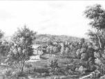 (6/22): Widok Włocławka z zamkiem<br>Alfons Matuszkiewicz ok. 1853 r.<br>Widok na dolinę Zgłowiączki od pd. Pośrodku drugiego planu pałac biskupi, z lewej zabudowania Zazamcza ze szczytem Czarnego Spichrza. W tle wzgórze szpetalskie.