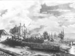 (8/22): Widok katedry w świetle księżyca<br>Alfons Matuszkiewicz ok. 1853 r. <br>Widok na katedrę z pn.-zach. z wysokości ujścia Zgłowiączki, z zabudowaniami kanonii na pierwszym planie. Z prawej dolina Zgłowiączki z pierwotnym mostem drewnianym.