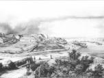(9/22): Widok Włocławka z łodziami na Wiśle<br>Alfons Matuszkiewicz ok. 1853 r.<br>Widok na Zazamcze z wysokości pałacu biskupiego. Za ujściem Zgłowiączki zabudowania fabryki F. Bohma i spichlerze zbożowe. Przy nabrzeżu wiślanym szereg barek towarowych.