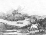 (10/22): Widok ogólny Włocławka<br>Erazm Rudolf Fabijański 1863 r. <br>Panorama Włocławka od strony szpetala z wysokości ujścia Zgłowiączki. Na rzece widoczna barka towarowa i sylwetka parowca osobowego. Przy nabrzeżu portowym, i po obu stronach ujścia Zgłowiączki, szereg masztów barektowarowych.