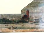 (12/22): Panorama Włocławka i zawody wioślarskie na Wiśle<br>autor n.n. kon. XIX w. <br>Translokowany z hollu kamienicy - ul. Łęgska. Ujęcie panoramiczne od strony Szpetala obejmujące odcinek od kościoła św. Jana do fabryki F. Bohma. Na pierwszym planie osady wioślarskie, berlinki i parowiec pasażerski dopływający do Embarkadera.