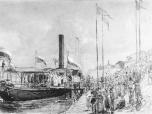 (1/12): Poświęcenie statku parowego na Wiśle<br>Wojciech Gerson 1855 r. <br>Rysunek przedstawia Chrzest statku